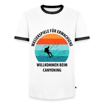 Canyoning Bergsteigen Klettern Wandern Berge - Männer Kontrast-T-Shirt - Weiß/Schwarz - Vorne - AI Model Female 172 light (172cm) & AI Model Male 178 dark (178cm)