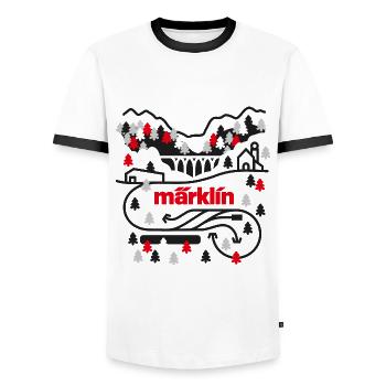 Märklin Rail Network Landscape - Men's Ringer Shirt - white/black - Front - AI Model Female 172 light (172cm) & AI Model Male 178 dark (178cm)