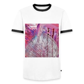 Painting acrylic leaf veins abstract pink-pink-purple - Men's Ringer Shirt - white/black - Front - AI Model Female 172 light (172cm) & AI Model Male 178 dark (178cm)