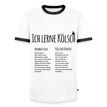 Kölner Dialekt Köln Hochdeutsch - Ich lerne Kölsch - Männer Kontrast-T-Shirt - Weiß/Schwarz - Vorne - AI Model Female 172 light (172cm) & AI Model Male 178 dark (178cm)