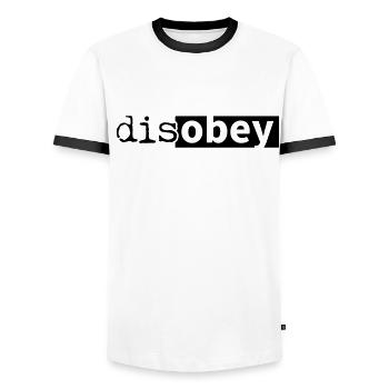 disobey obey disobedient - Men's Ringer Shirt - white/black - Front - AI Model Female 172 light (172cm) & AI Model Male 178 dark (178cm)