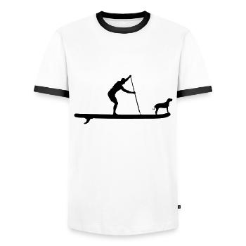 SUP mit Hund - Paddelsport Stand Up Paddle Board - Männer Kontrast-T-Shirt - Weiß/Schwarz - Vorne - AI Model Female 172 light (172cm) & AI Model Male 178 dark (178cm)