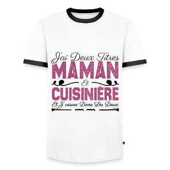 J'ai deux titres maman et Cuisinière. Cadeau Maman - T-shirt contrasté Homme - blanc/noir - Devant - AI Model Female 172 light (172cm) & AI Model Male 178 dark (178cm)