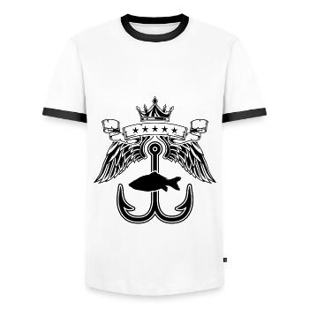 fishing hook symbol logo - Men's Ringer Shirt - white/black - Front - AI Model Female 172 light (172cm) & AI Model Male 178 dark (178cm)