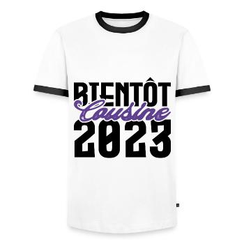 Cadeau Annonce grossesse bientôt Cousine 2023. - T-shirt contrasté Homme - blanc/noir - Devant - AI Model Female 172 light (172cm) & AI Model Male 178 dark (178cm)