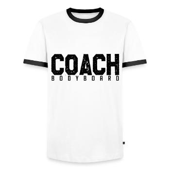 Bodyboard Coach. Bodyboard Trainer. Trainer. - Männer Kontrast-T-Shirt - Weiß/Schwarz - Vorne - AI Model Female 172 light (172cm) & AI Model Male 178 dark (178cm)