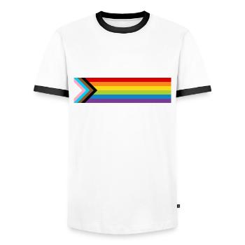 LGBTQ+ Pride Flag New Rainbow Progress Flag - Men's Ringer Shirt - white/black - Front - AI Model Female 172 light (172cm) & AI Model Male 178 dark (178cm)
