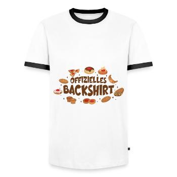 OFFIZIELLES BACKSHIRT KUCHEN BÄCKER - Männer Kontrast-T-Shirt - Weiß/Schwarz - Vorne - AI Model Female 172 light (172cm) & AI Model Male 178 dark (178cm)