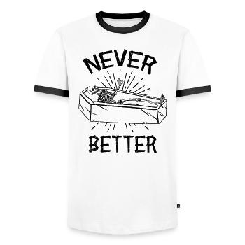 Halloween Skeleton Coffin Burnout Never Better - Men's Ringer Shirt - white/black - Front - AI Model Female 172 light (172cm) & AI Model Male 178 dark (178cm)