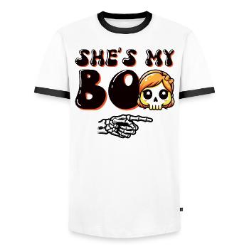 Halloween Dire Hommes Drôle Elle Est Mon Boo - T-shirt contrasté Homme - blanc/noir - Devant - AI Model Female 172 light (172cm) & AI Model Male 178 dark (178cm)