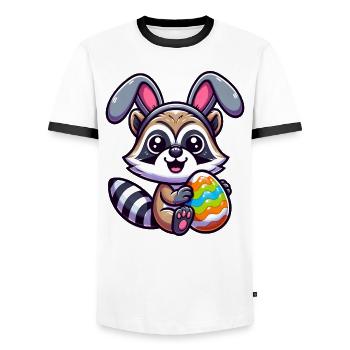 Easter Raccoon in Egg Disguise Cartoon - Men's Ringer Shirt - white/black - Front - AI Model Female 172 light (172cm) & AI Model Male 178 dark (178cm)