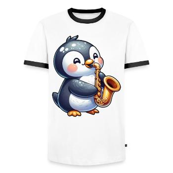 Pinguin Saxofonist Jazz Konzert - Männer Kontrast-T-Shirt - Weiß/Schwarz - Vorne - AI Model Female 172 light (172cm) & AI Model Male 178 dark (178cm)