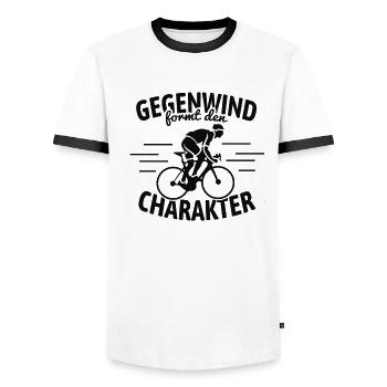 Rennradfahrer "Gegenwind formt den Charakter" - Männer Kontrast-T-Shirt - Weiß/Schwarz - Vorne - AI Model Female 172 light (172cm) & AI Model Male 178 dark (178cm)