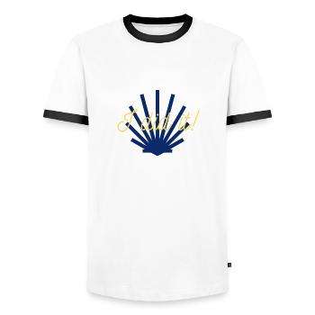I did it! Way of St. James pilgrims hiking scallop - Men's Ringer Shirt - white/black - Front - AI Model Female 172 light (172cm) & AI Model Male 178 dark (178cm)