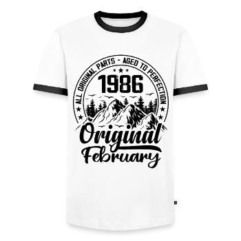 1986 February Original: 38 Years Anniversary Gift - Men's Ringer Shirt - white/black - Front - AI Model Female 172 light (172cm) & AI Model Male 178 dark (178cm)