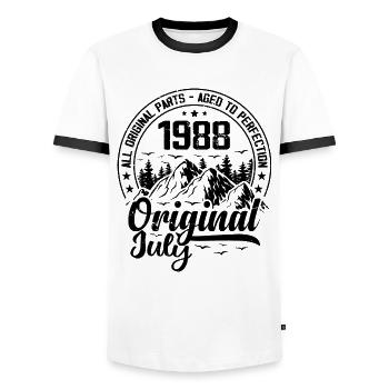 1988 July Original: 36 Years Anniversary Gift - Men's Ringer Shirt - white/black - Front - AI Model Female 172 light (172cm) & AI Model Male 178 dark (178cm)