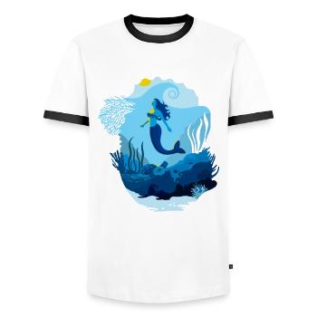 Meerjungfrauen-Meereslandschaft, beleuchtet von Schildkrötensonne - Männer Kontrast-T-Shirt - Weiß/Schwarz - Vorne - AI Model Female 172 light (172cm) & AI Model Male 178 dark (178cm)