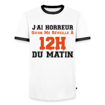 j'ai horreur qu'on me réveille à 12h du matin - T-shirt contrasté Homme - blanc/noir - Devant - AI Model Female 172 light (172cm) & AI Model Male 178 dark (178cm)