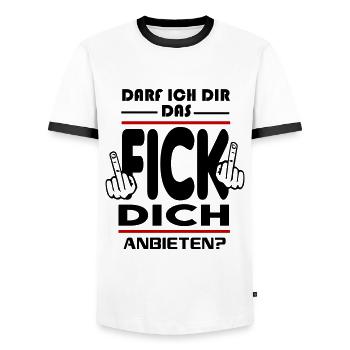 Darf ich dir das Fick Dich anbieten - Männer Kontrast-T-Shirt - Weiß/Schwarz - Vorne - AI Model Female 172 light (172cm) & AI Model Male 178 dark (178cm)