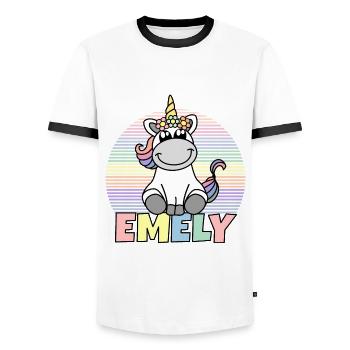 Nom de la licorne Emely - T-shirt contrasté Homme - blanc/noir - Devant - AI Model Female 172 light (172cm) & AI Model Male 178 dark (178cm)
