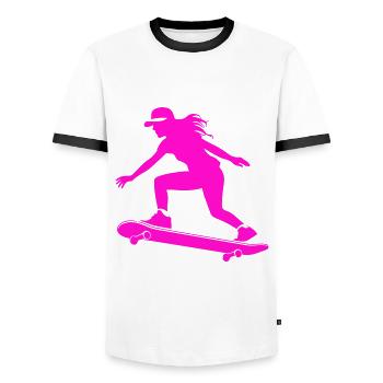 Skateboarding Woman Symbol Skateboard - Men's Ringer Shirt - white/black - Front - AI Model Female 172 light (172cm) & AI Model Male 178 dark (178cm)