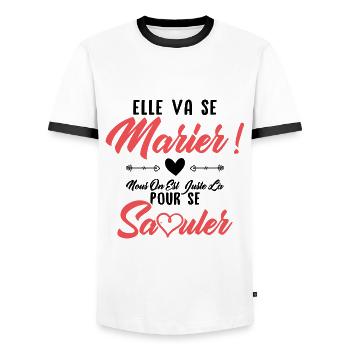 Elle va se marier, Nous juste là pour se saouler - T-shirt contrasté Homme - blanc/noir - Devant - AI Model Female 172 light (172cm) & AI Model Male 178 dark (178cm)