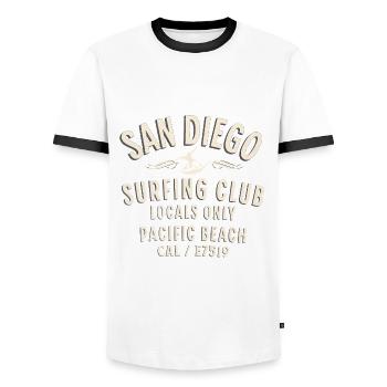 San Diego Pacific beach surfing club - Men's Ringer Shirt - white/black - Front - AI Model Female 172 light (172cm) & AI Model Male 178 dark (178cm)