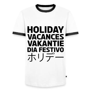 Holiday, Vacances, Vakantie, Dia festivo. ホリデー. - T-shirt contrasté Homme - blanc/noir - Devant - AI Model Female 172 light (172cm) & AI Model Male 178 dark (178cm)