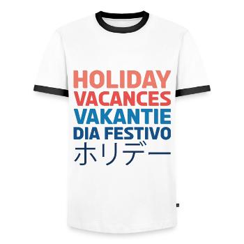 Holiday, Vacances, Vakantie, Dia festivo. ホリデー. - T-shirt contrasté Homme - blanc/noir - Devant - AI Model Female 172 light (172cm) & AI Model Male 178 dark (178cm)
