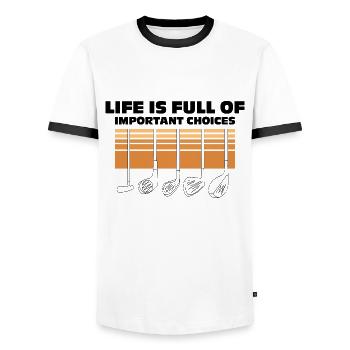 Life is Full of Choises Funny Golf Quotes - Men's Ringer Shirt - white/black - Front - AI Model Female 172 light (172cm) & AI Model Male 178 dark (178cm)