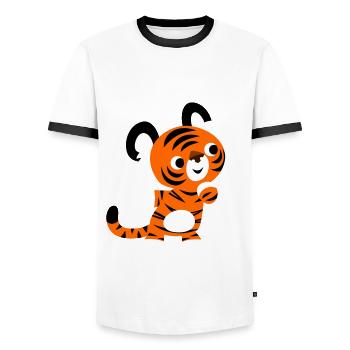 Cute Curious Cartoon Tiger by Cheerful Madness!! - Men's Ringer Shirt - white/black - Front - AI Model Female 172 light (172cm) & AI Model Male 178 dark (178cm)