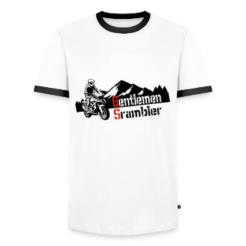 Biker Motorcycle Boxer Adventure Gentlemen Scrambler - Men's Ringer Shirt - white/black - Front - AI Model Female 172 light (172cm) & AI Model Male 178 dark (178cm)