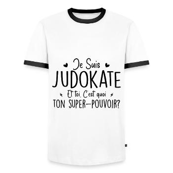I'm a Judoka. What's your superpower? - Men's Ringer Shirt - white/black - Front - AI Model Female 172 light (172cm) & AI Model Male 178 dark (178cm)
