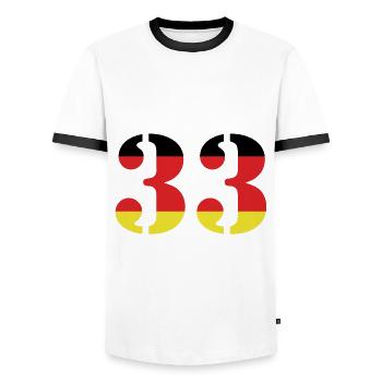 33 Zahl Trikot Deutschland - Männer Kontrast-T-Shirt - Weiß/Schwarz - Vorne - AI Model Female 172 light (172cm) & AI Model Male 178 dark (178cm)