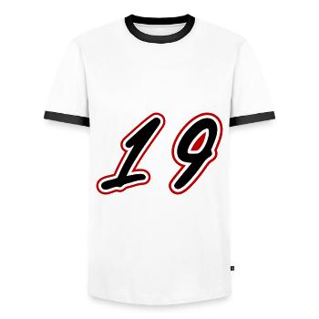19 Zahl symbol - Männer Kontrast-T-Shirt - Weiß/Schwarz - Vorne - AI Model Female 172 light (172cm) & AI Model Male 178 dark (178cm)
