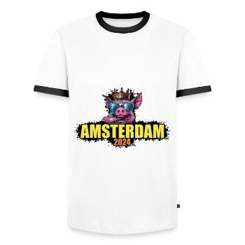 Cochon d’Amsterdam 2024 - T-shirt contrasté Homme - blanc/noir - Devant - AI Model Female 172 light (172cm) & AI Model Male 178 dark (178cm)