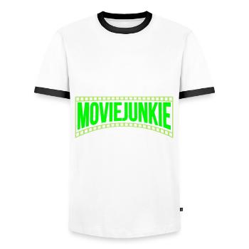 Colors can be changed | Movie Junkie - Men's Ringer Shirt - white/black - Front - AI Model Female 172 light (172cm) & AI Model Male 178 dark (178cm)