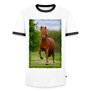 Icelandic horse running in tölt over meadow horse photo - Men's Ringer Shirt - white/black - Front - AI Model Female 172 light (172cm) & AI Model Male 178 dark (178cm)