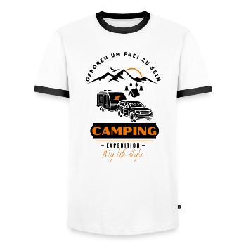 Camping Caravanes & Camping Amis - T-shirt contrasté Homme - blanc/noir - Devant - AI Model Female 172 light (172cm) & AI Model Male 178 dark (178cm)