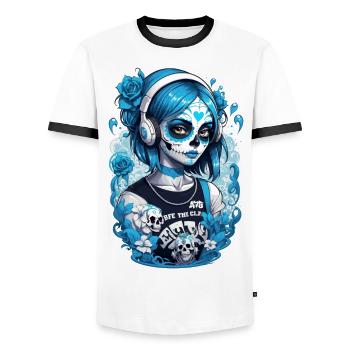 Sugar Skull Girl with Headphones and Blue Roses - Men's Ringer Shirt - white/black - Front - AI Model Female 172 light (172cm) & AI Model Male 178 dark (178cm)