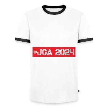 Année 2024 - T-shirt contrasté Homme - blanc/noir - Devant - AI Model Female 172 light (172cm) & AI Model Male 178 dark (178cm)