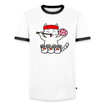 Cat eats sushi with chopsticks - Men's Ringer Shirt - white/black - Front - AI Model Female 172 light (172cm) & AI Model Male 178 dark (178cm)