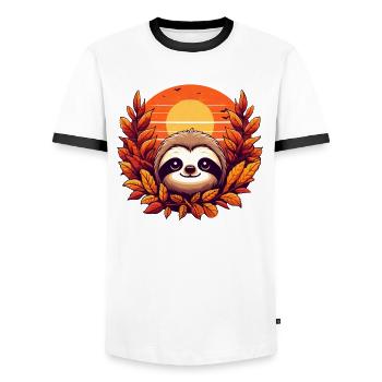 Herbst-Faultier mit buntem Laub: Ein süßes und - Männer Kontrast-T-Shirt - Weiß/Schwarz - Vorne - AI Model Female 172 light (172cm) & AI Model Male 178 dark (178cm)