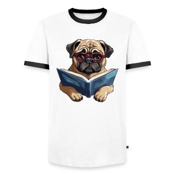 Lesender Mops – Der gebildete Hund mit Buch und - Männer Kontrast-T-Shirt - Weiß/Schwarz - Vorne - AI Model Female 172 light (172cm) & AI Model Male 178 dark (178cm)