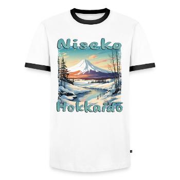 Niseko Hokkaido Snowboard Volcano - Men's Ringer Shirt - white/black - Front - AI Model Female 172 light (172cm) & AI Model Male 178 dark (178cm)