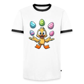 Süße Comic Ente Jongliert mit drei Ostereiern - Männer Kontrast-T-Shirt - Weiß/Schwarz - Vorne - AI Model Female 172 light (172cm) & AI Model Male 178 dark (178cm)