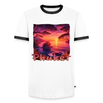 Phuket Thailand Sunset Grunge Design - Men's Ringer Shirt - white/black - Front - AI Model Female 172 light (172cm) & AI Model Male 178 dark (178cm)