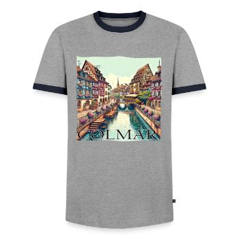 Colmar, France - Cité des Canaux et Canaux - T-shirt contrasté Homme - gris/marine  - Devant - AI Model Female 172 light (172cm) & AI Model Male 178 light (178cm)