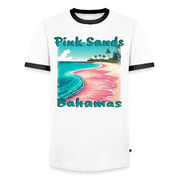 Pink Sands Bahamas Beach Grunge Style - Men's Ringer Shirt - white/black - Front - AI Model Female 172 light (172cm) & AI Model Male 178 dark (178cm)