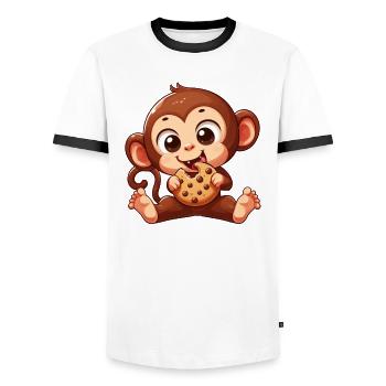 Cute Chimpanzee with Cookie Cartoon - Men's Ringer Shirt - white/black - Front - AI Model Female 172 light (172cm) & AI Model Male 178 dark (178cm)